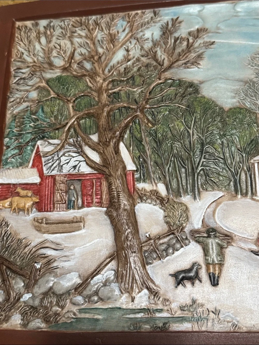 Vintage Peany Winter Village Brown Frame, Yellow House Artwork 15.5” x 13”